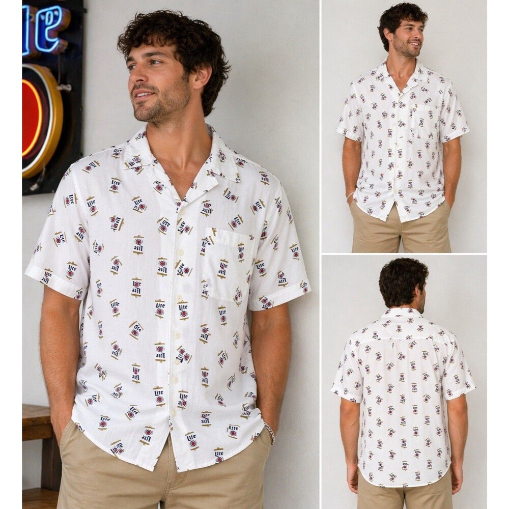 Miller Lite All Over Print Beer Shirt 2XL White Button Up Camp Casual
